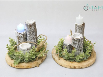 Bộ 3 chân nến tiểu cảnh lát cây tròn X-CHNEN-02